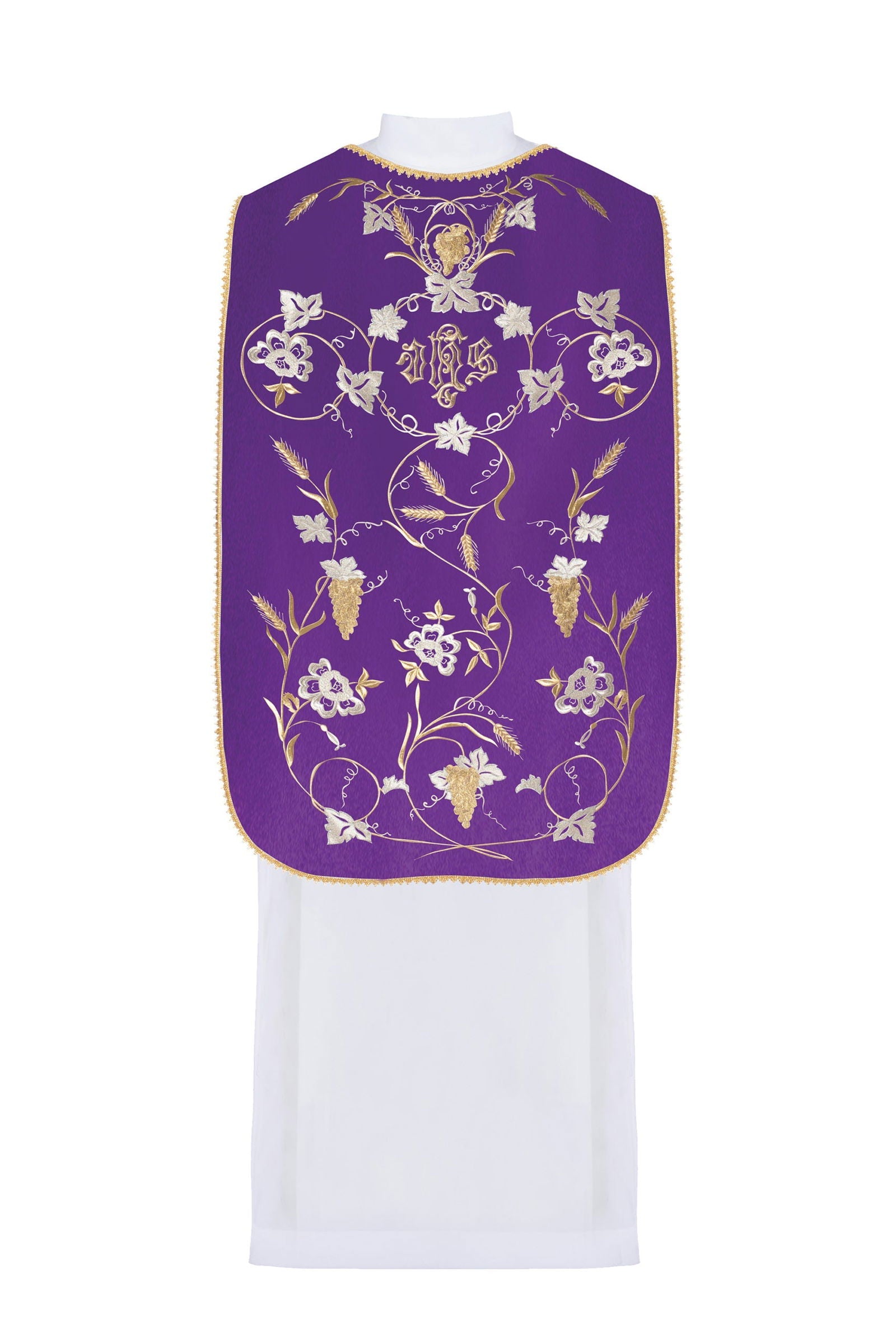 Chasuble romaine violette avec motif d'IHS, d'oreilles et de raisins