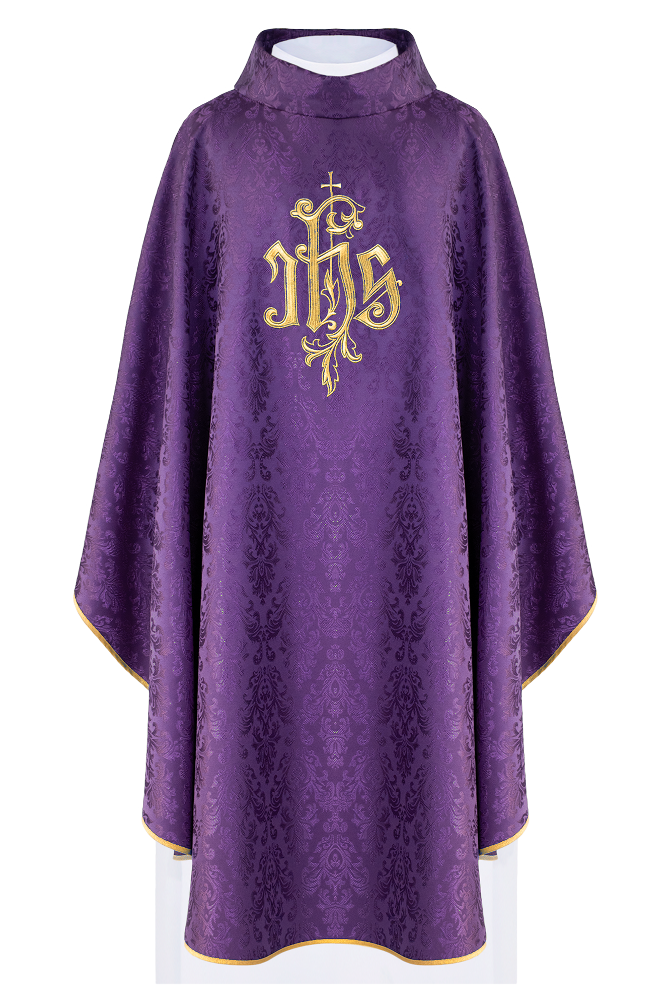 Chasuble violette avec motif IHS brodé sur tissu décoratif