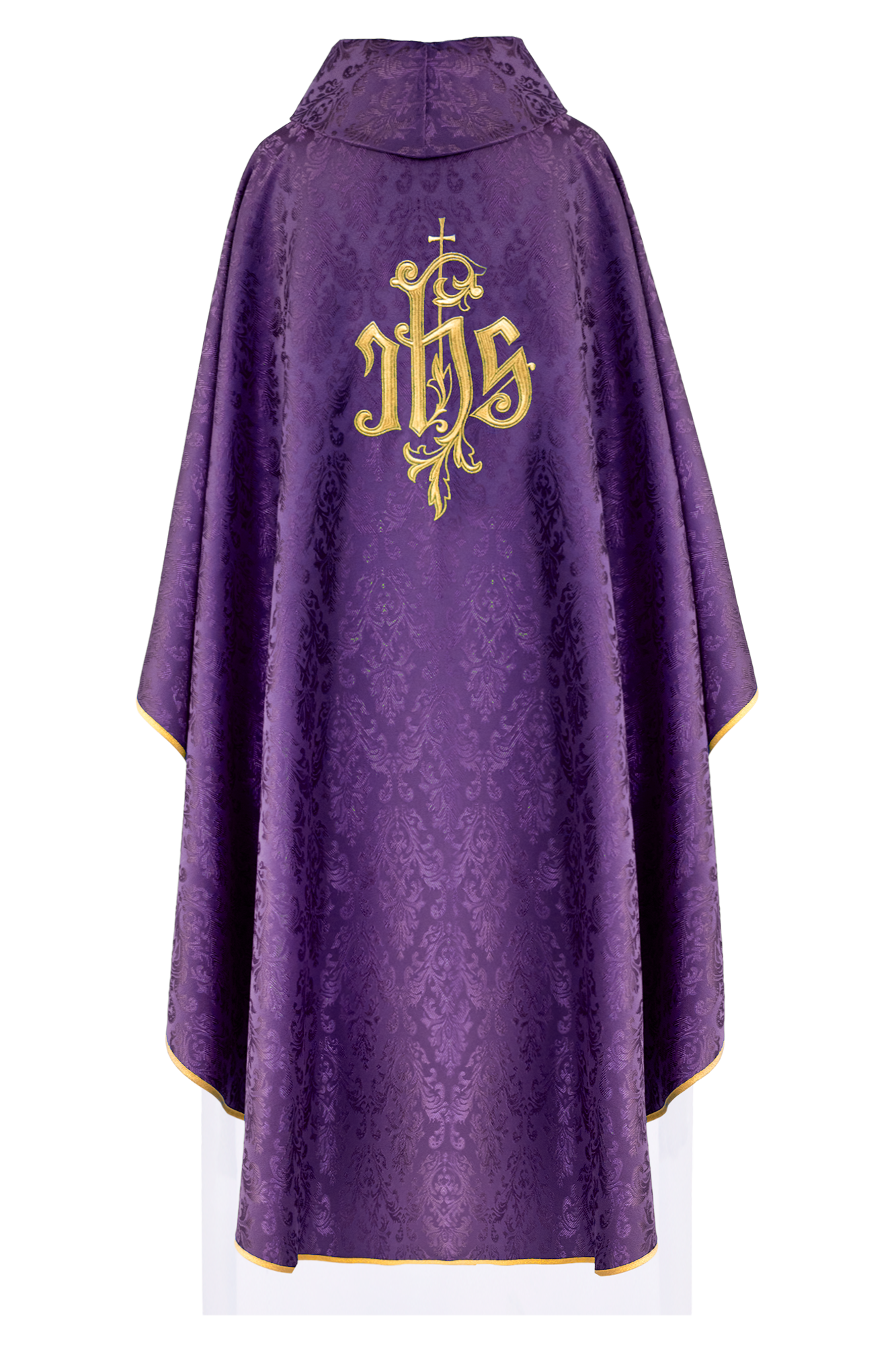 Chasuble violette avec motif IHS brodé sur tissu décoratif