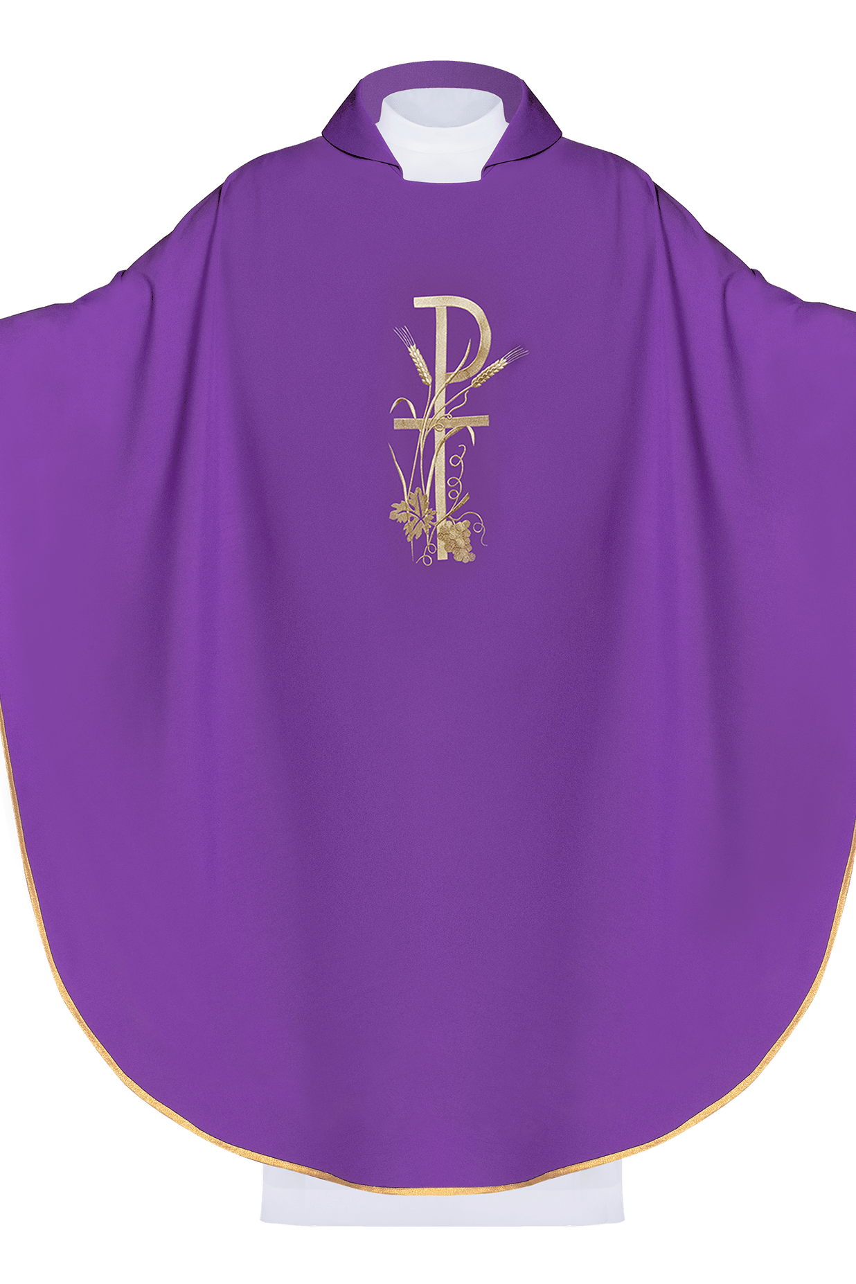 Chasuble violette avec large col et broderie de croix dorée