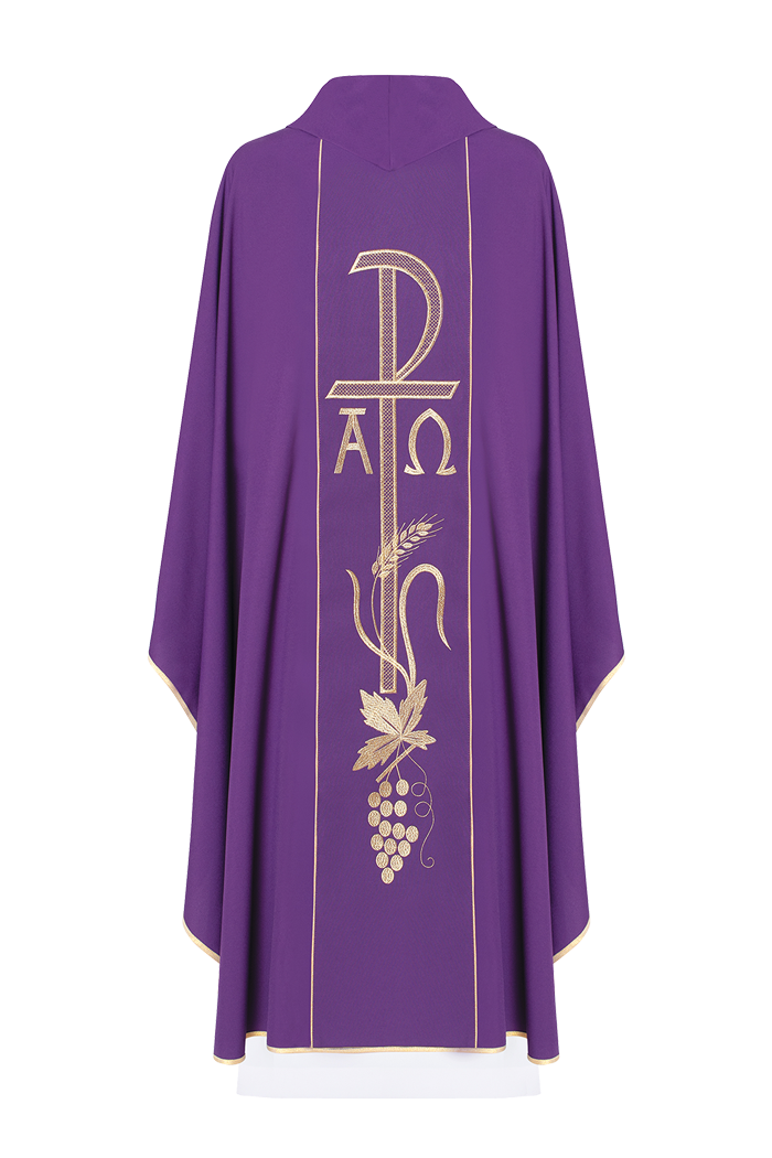 Chasuble violette avec large ceinture Alpha et Omega brodée en or