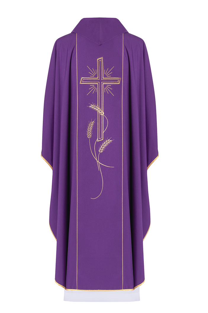 Chasuble violette avec une large croix IHS brodée de bandes dorées