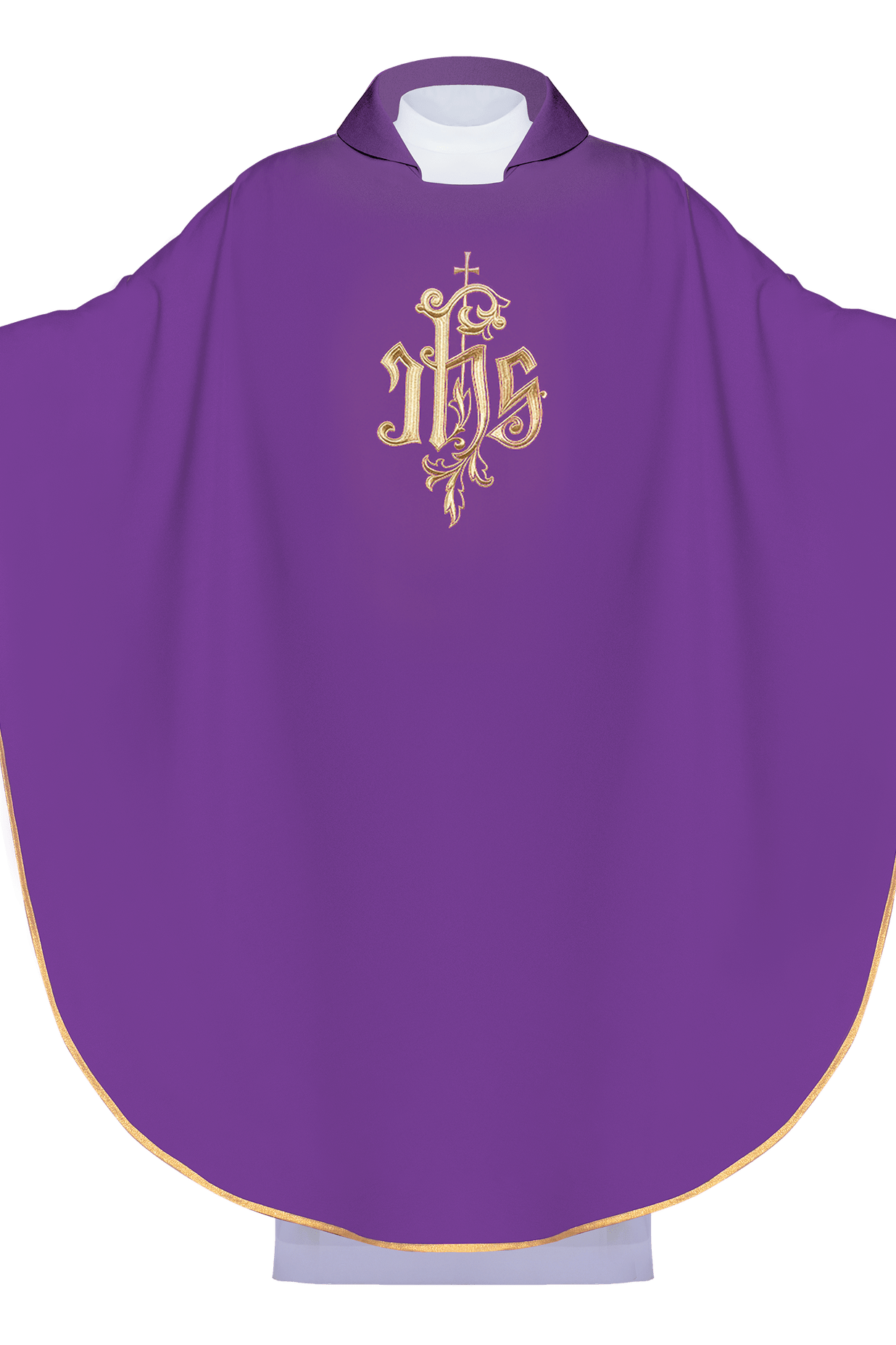 Chasuble violette avec col large et broderie IHS dorée