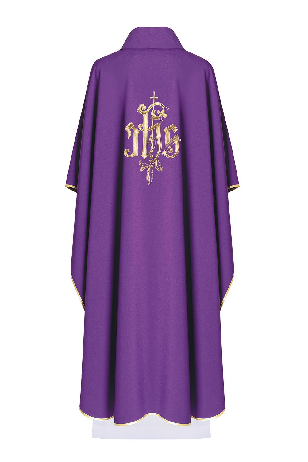 Chasuble violette avec col large et broderie IHS dorée