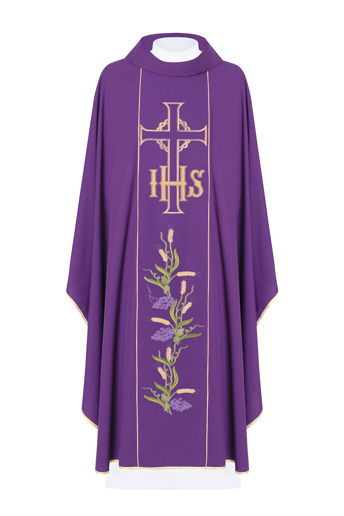 Chasuble violette avec ceinture dorée décorée avec IHS et oreilles