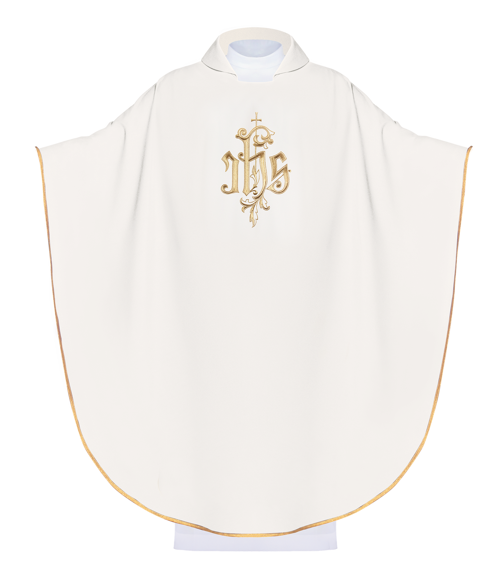 Chasuble crème avec col large et broderie IHS dorée