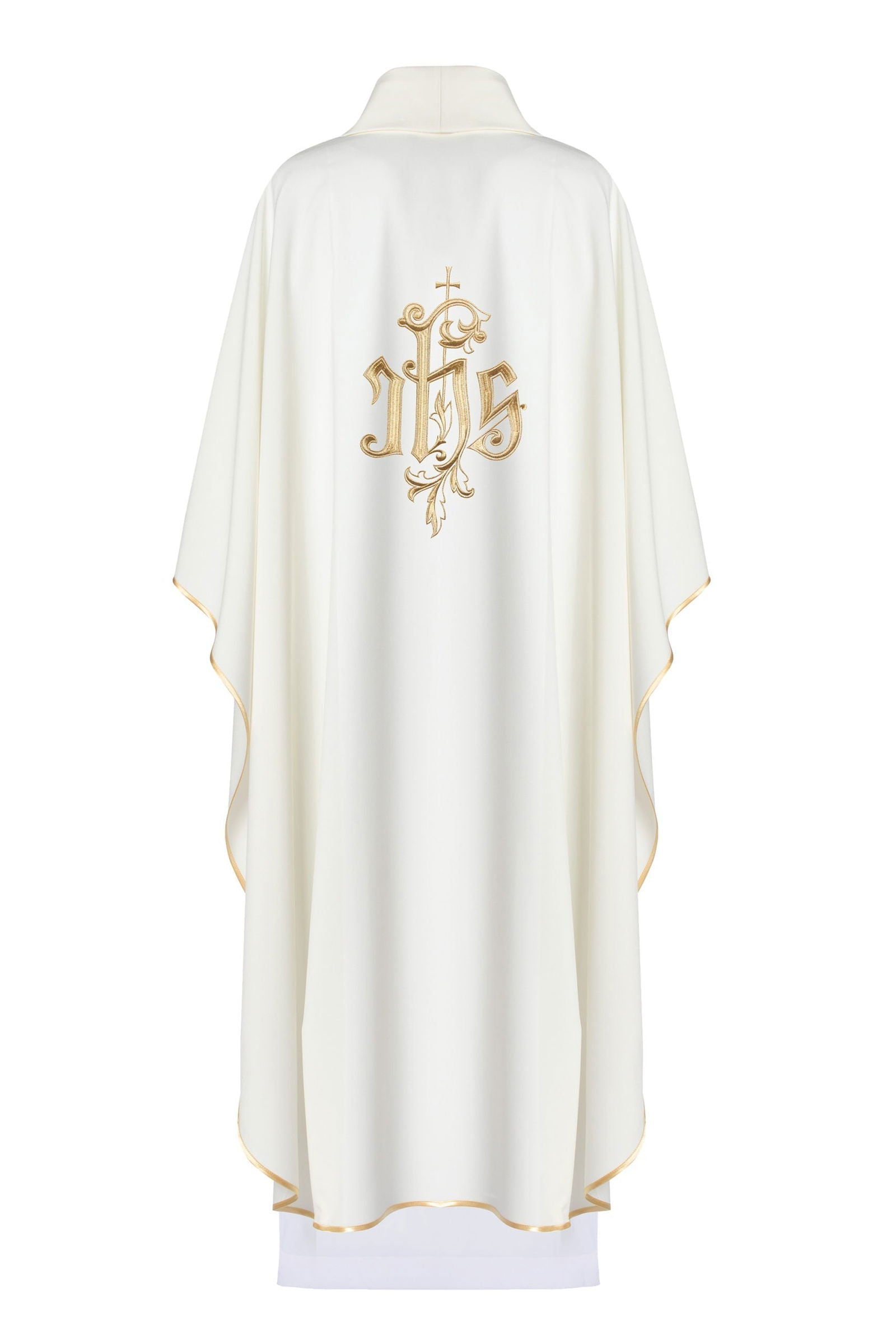 Chasuble crème avec col large et broderie IHS dorée