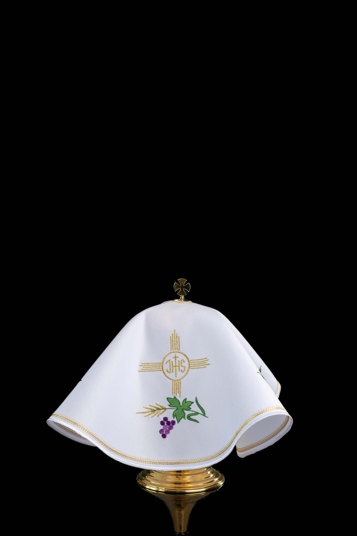 Voile de ciboire rond avec broderie IHS et motif eucharistique blanc, vue de face