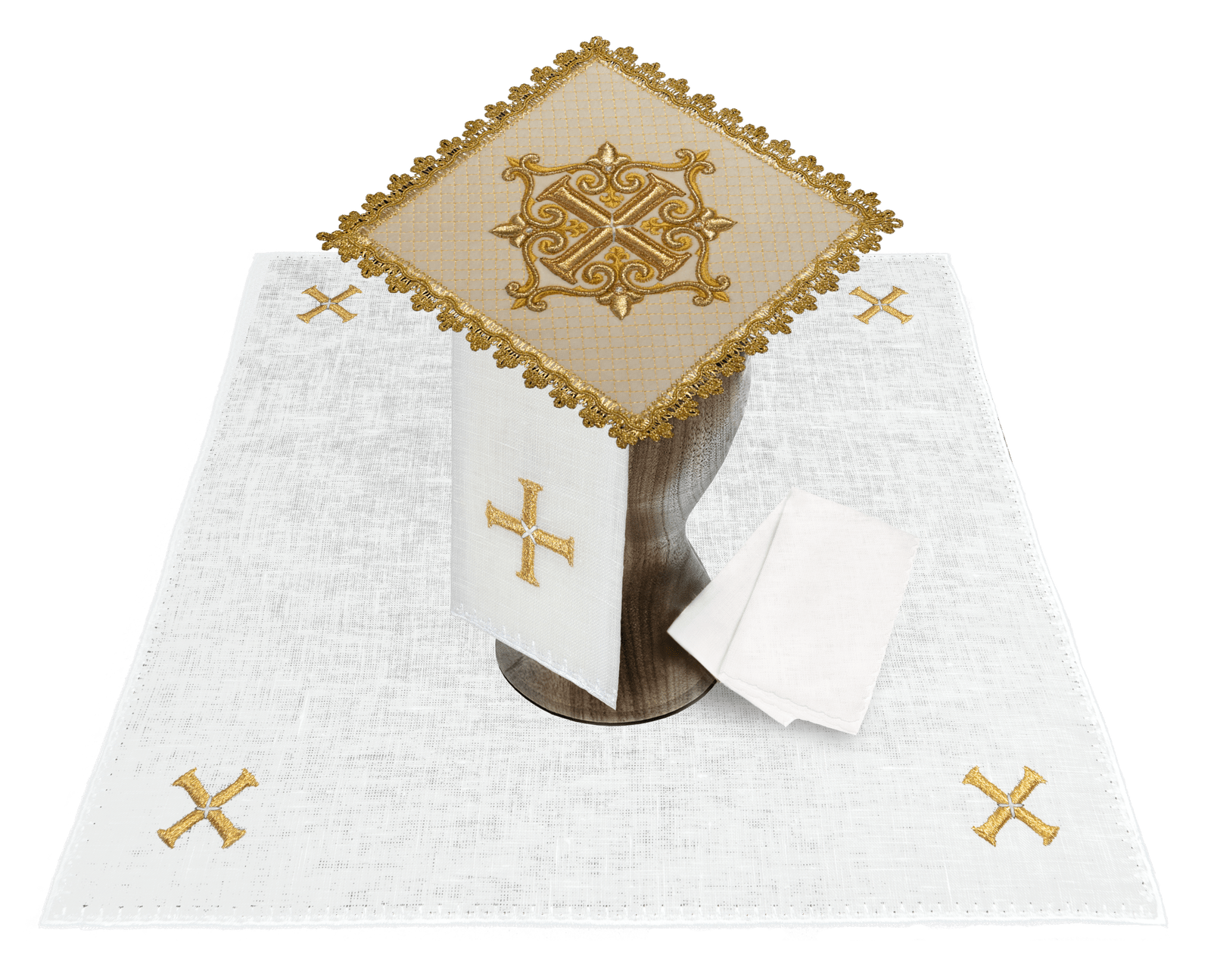 Linge d'autel avec la croix d'or en velours écru et lin LE/5029/C4/LEN - CHASUBLES.FR