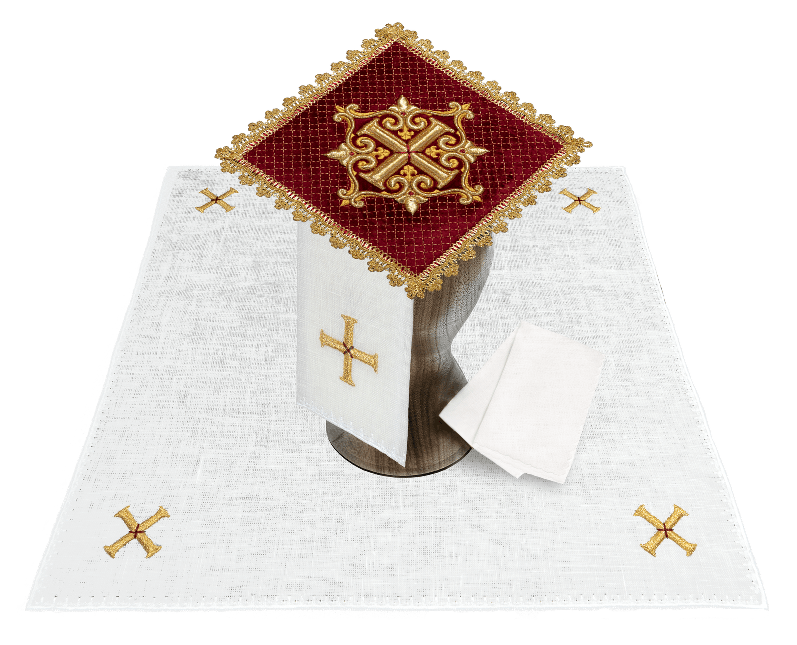 Linge d'autel avec la croix d'or en velours rouge et lin LE/5029/C2/LEN - CHASUBLES.FR