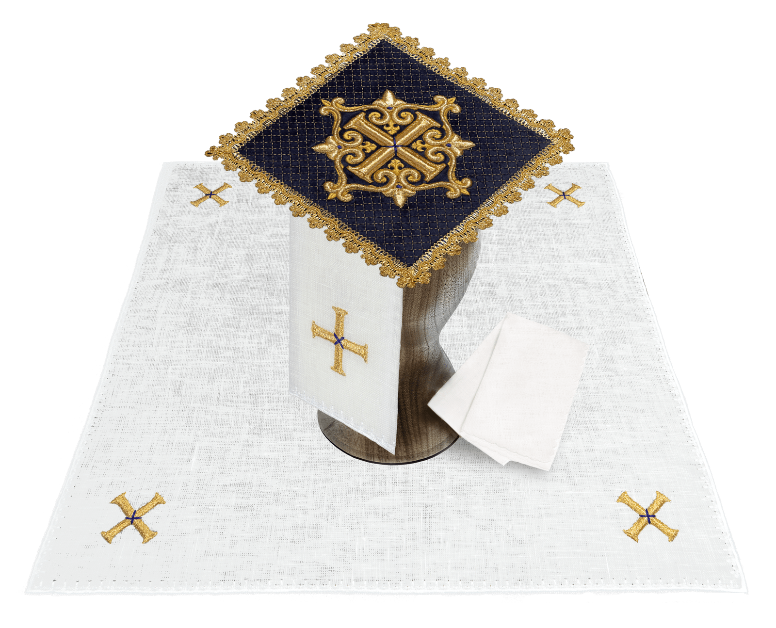 Linge d'autel avec la croix d'or en velours violet et lin LE/5029/C3/LEN - CHASUBLES.FR
