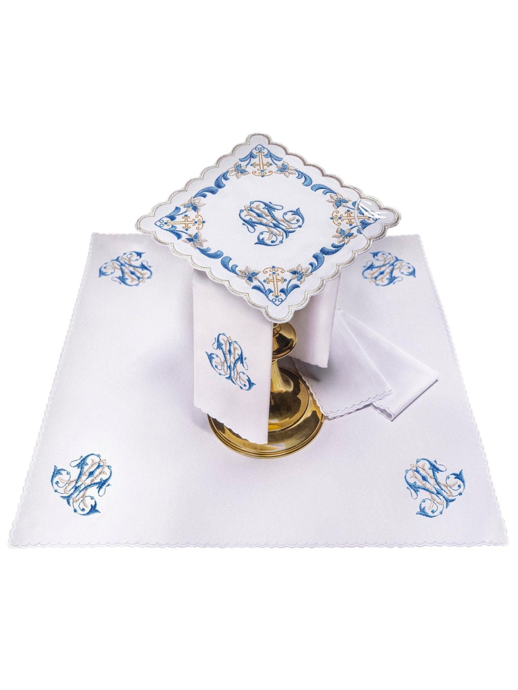 Linge d'autel avec une finition bleue et une broderie mariale KK/092 - CHASUBLES.FR