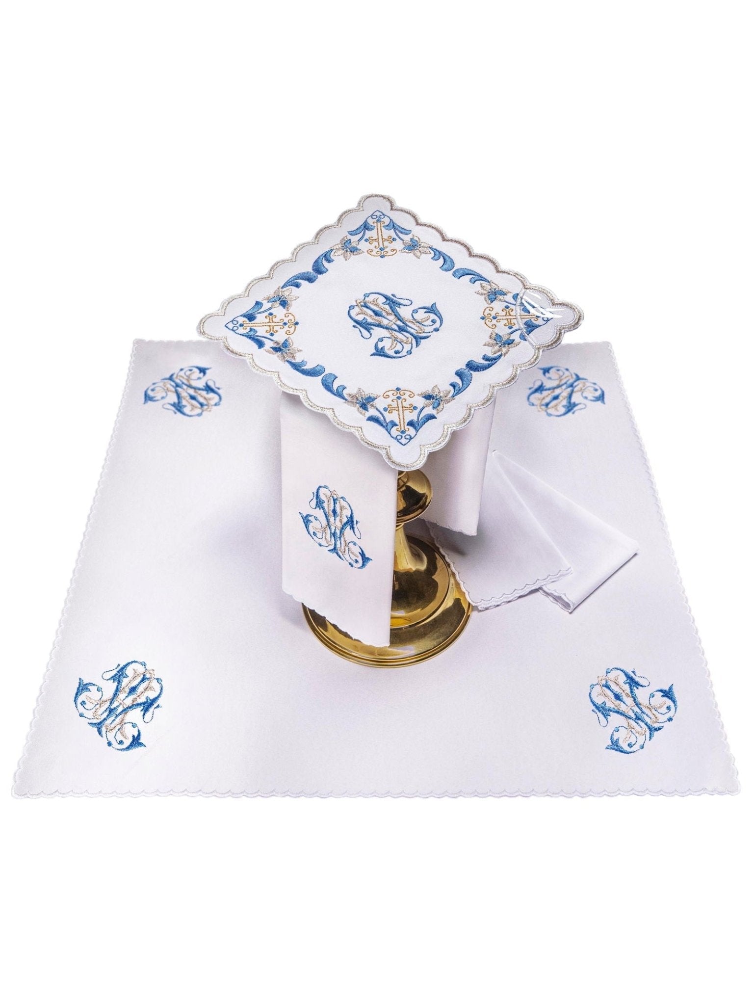 Linge d'autel avec une finition bleue et une broderie mariale KK/092 - CHASUBLES.FR