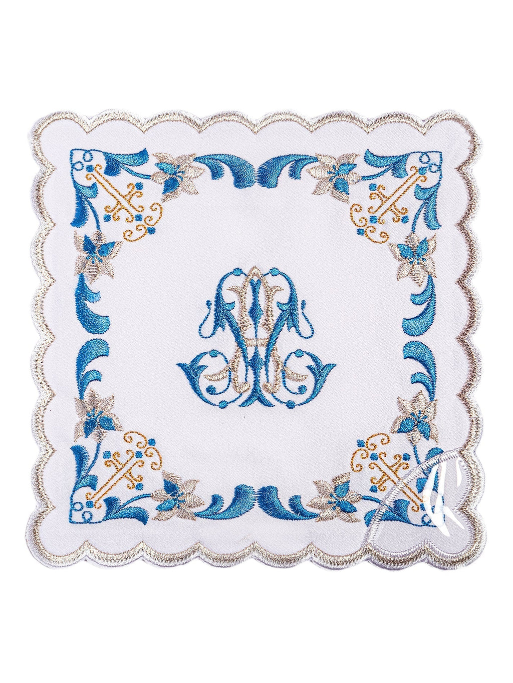 Linge d'autel avec une finition bleue et une broderie mariale KK/092 - CHASUBLES.FR