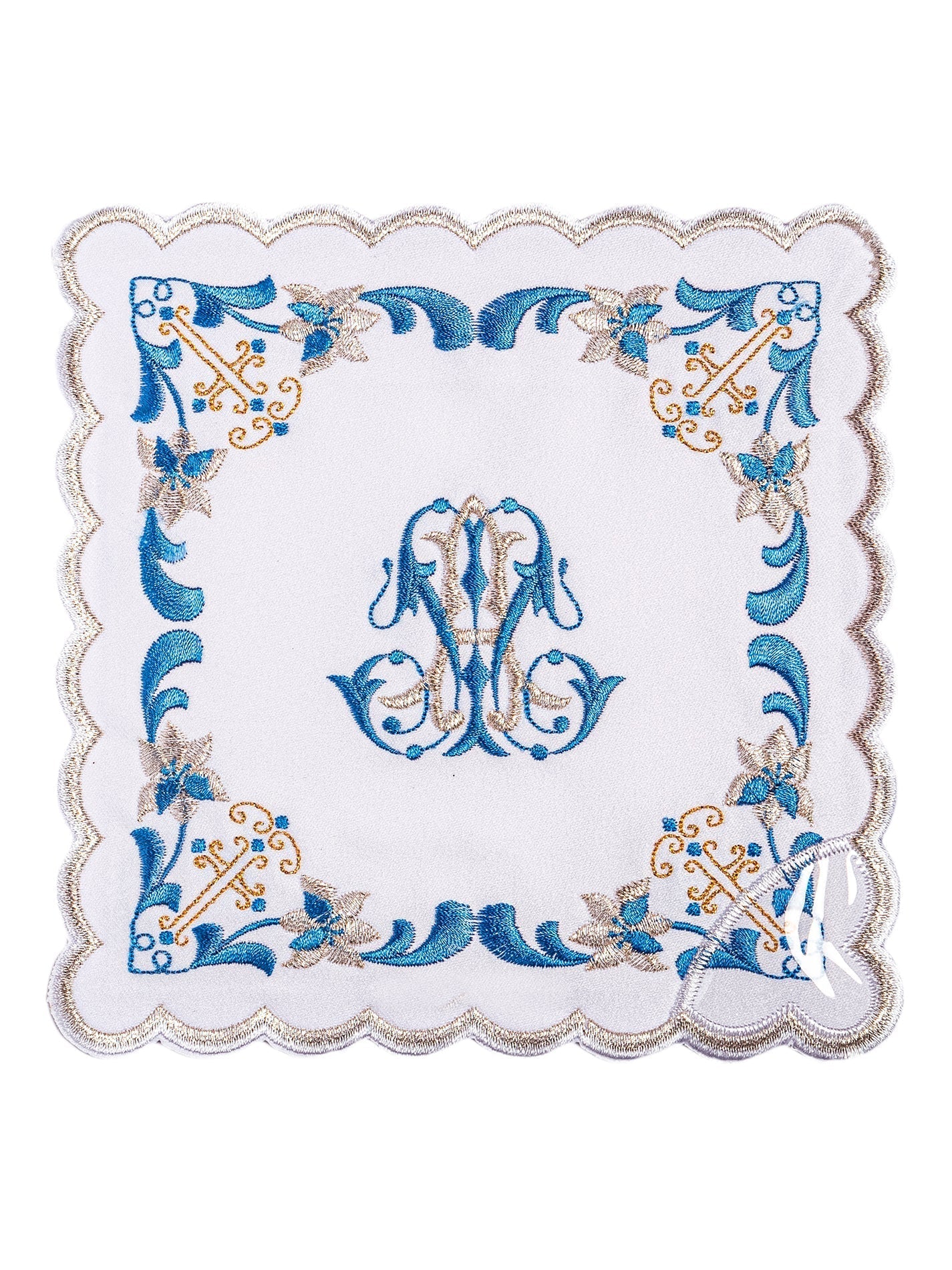 Linge d'autel avec une finition bleue et une broderie mariale KK/092 - CHASUBLES.FR