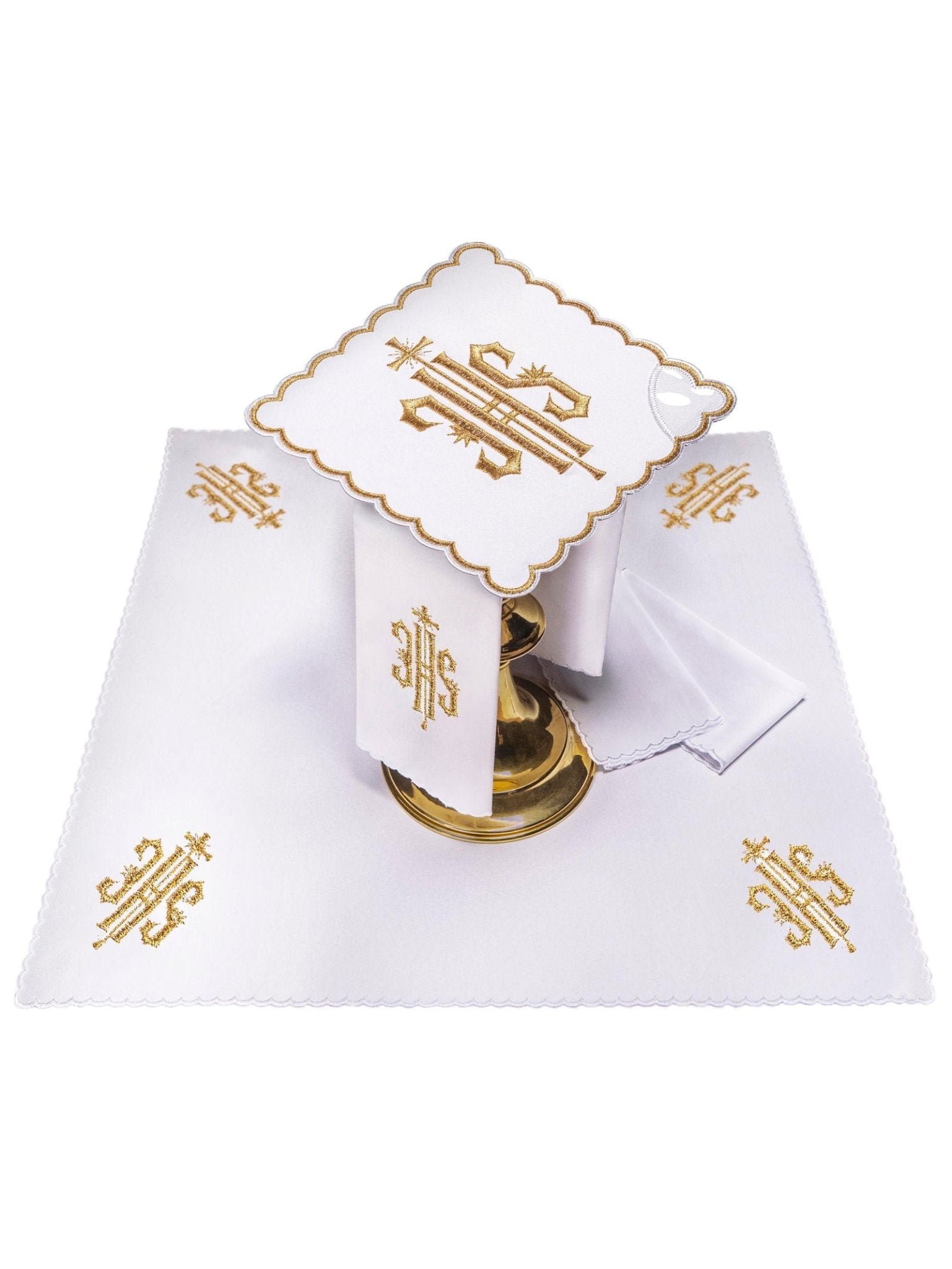 Linge d'autel avec une finition dorée et une broderie IHS KK/029/04 - CHASUBLES.FR