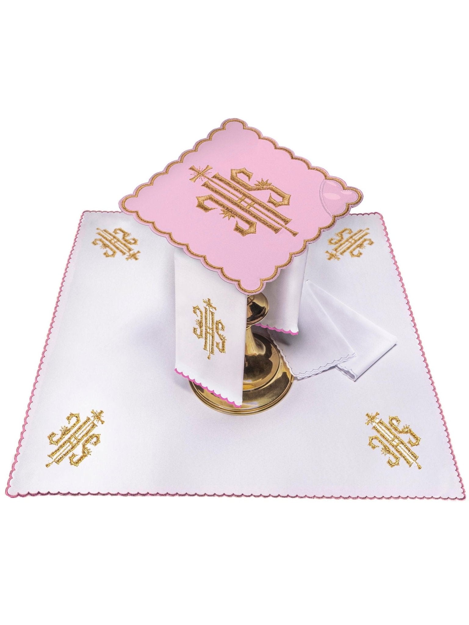 Linge d'autel brodé avec le motif IHS en rose KK/029/08 - CHASUBLES.FR