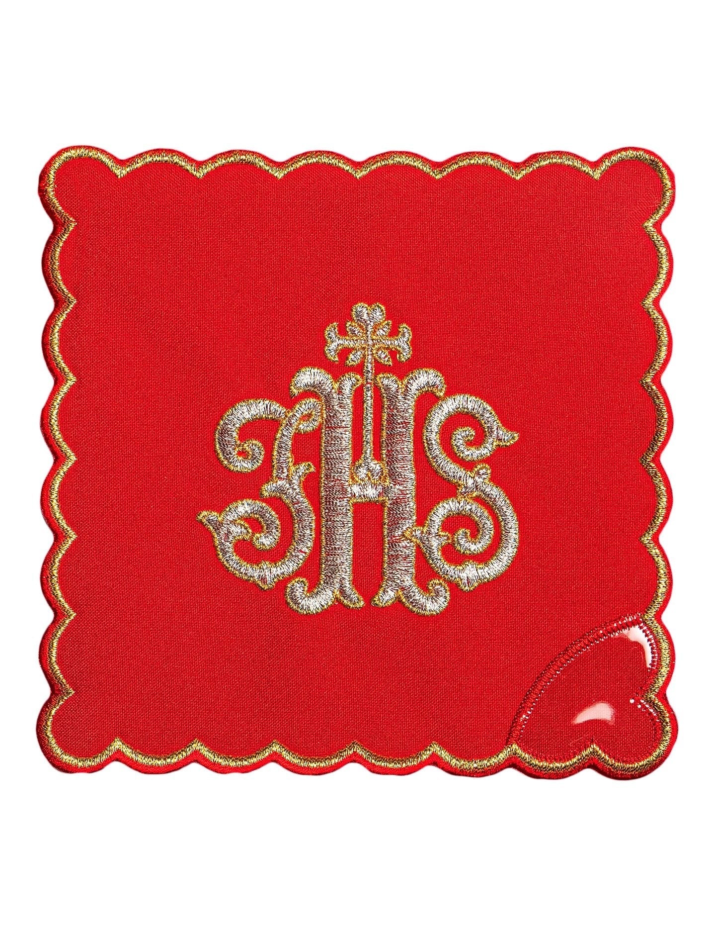 Linge d'autel brodé avec le motif IHS rouge KK/072/02 - CHASUBLES.FR