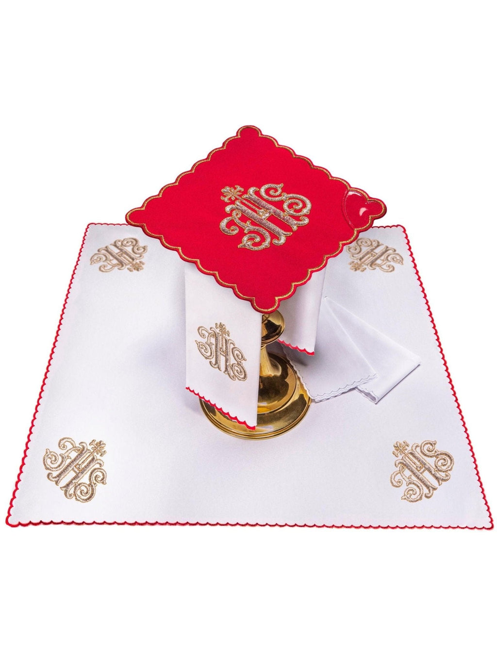 Linge d'autel brodé avec le motif IHS rouge KK/072/02 - CHASUBLES.FR