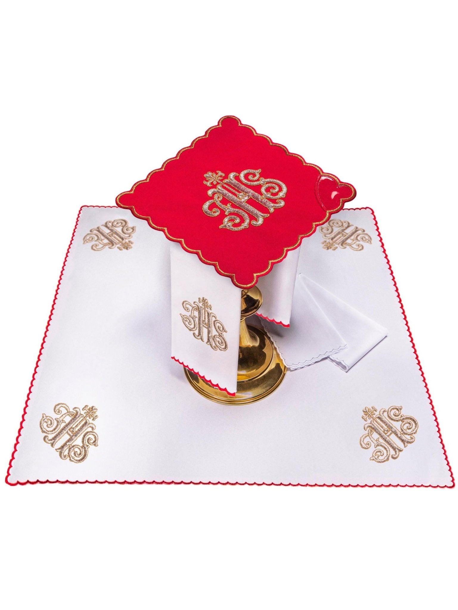 Linge d'autel brodé avec le motif IHS rouge KK/072/02 - CHASUBLES.FR