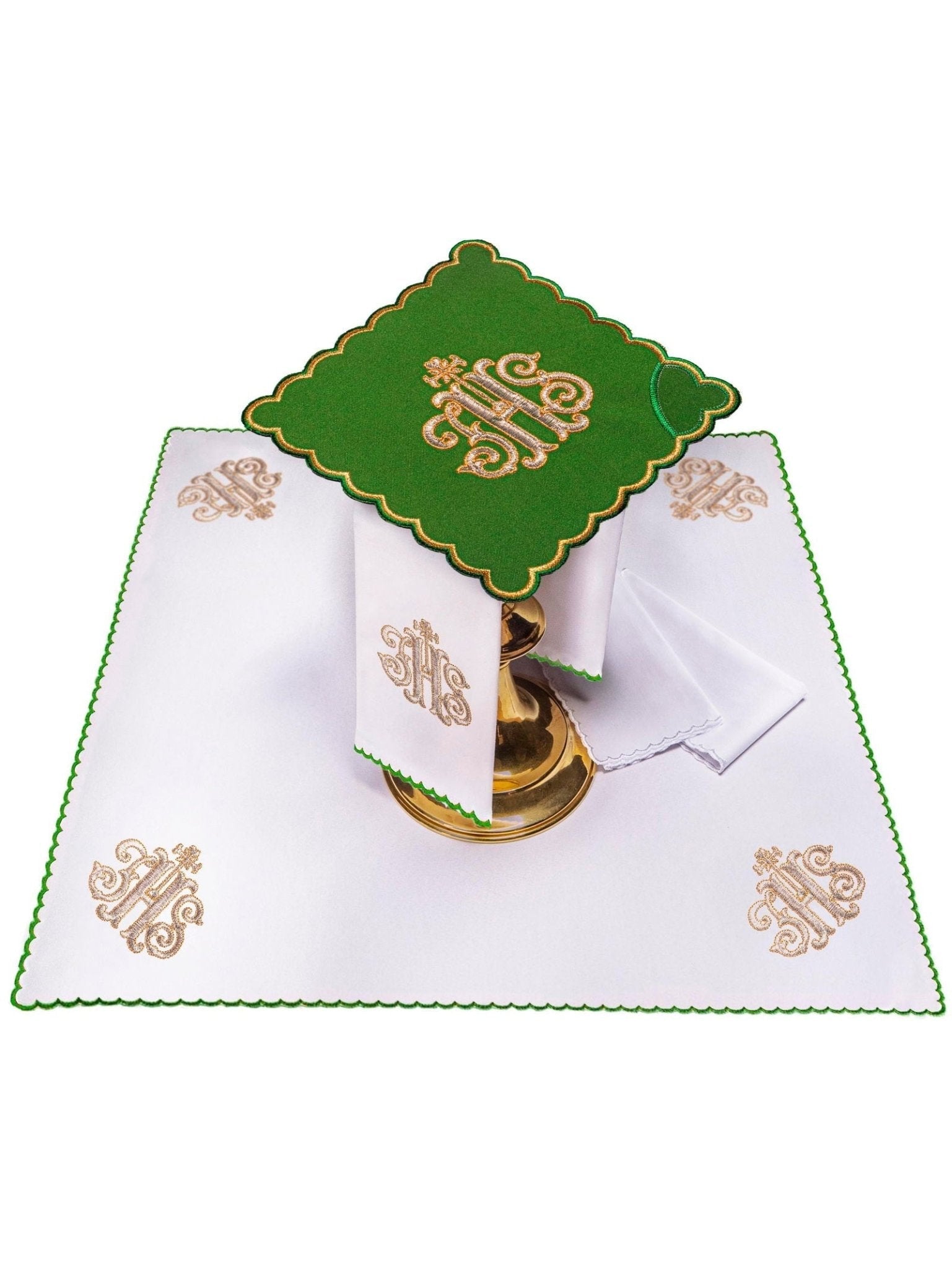 Linge d'autel brodé avec le motif IHS vert KK/072/01 - CHASUBLES.FR