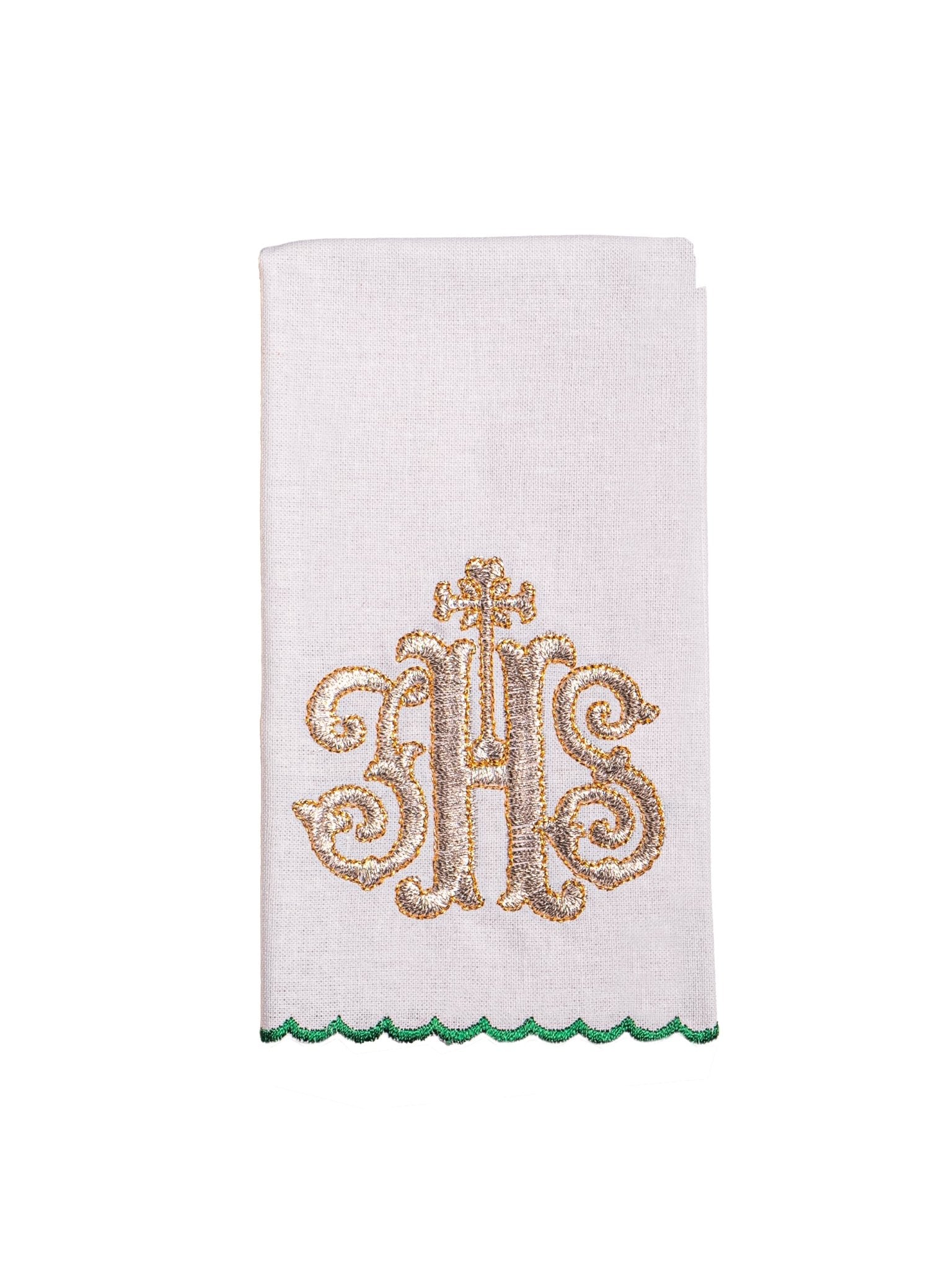 Linge d'autel brodé avec le motif IHS vert KK/072/01 - CHASUBLES.FR