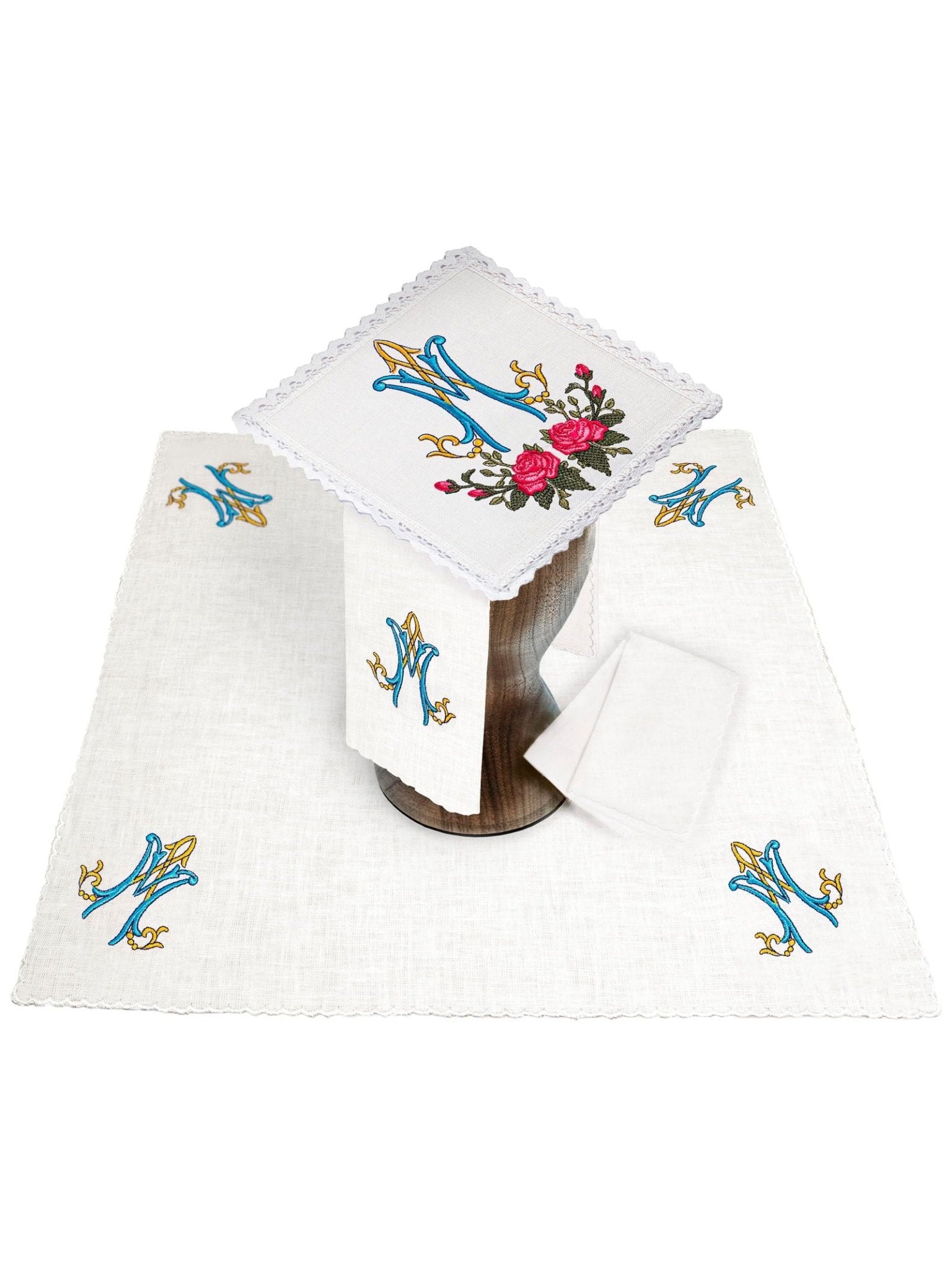 Linge d'autel en lin brodé avec un motif marial coloré KKL/078 - CHASUBLES.FR