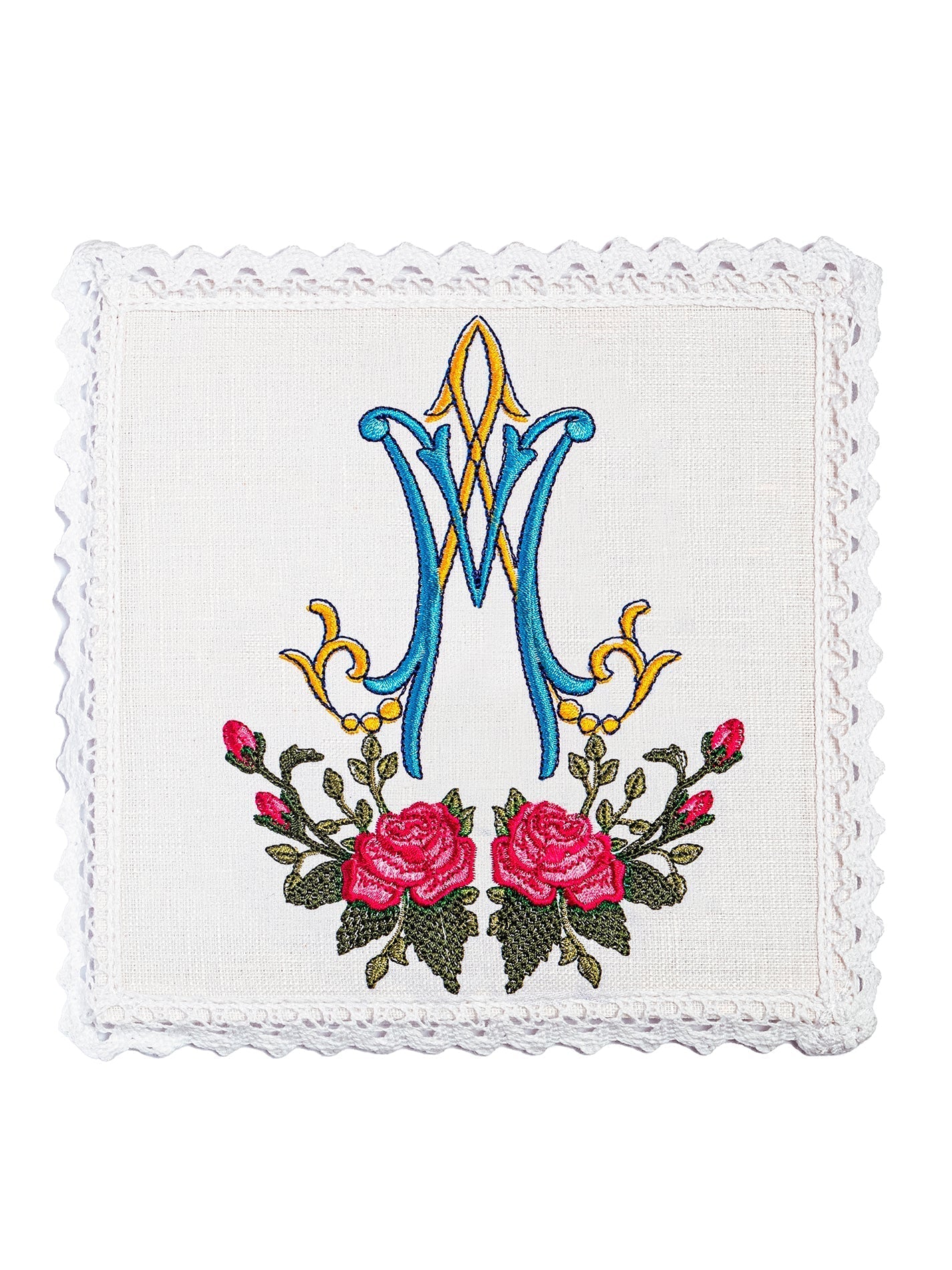 Linge d'autel en lin brodé avec un motif marial coloré KKL/078 - CHASUBLES.FR