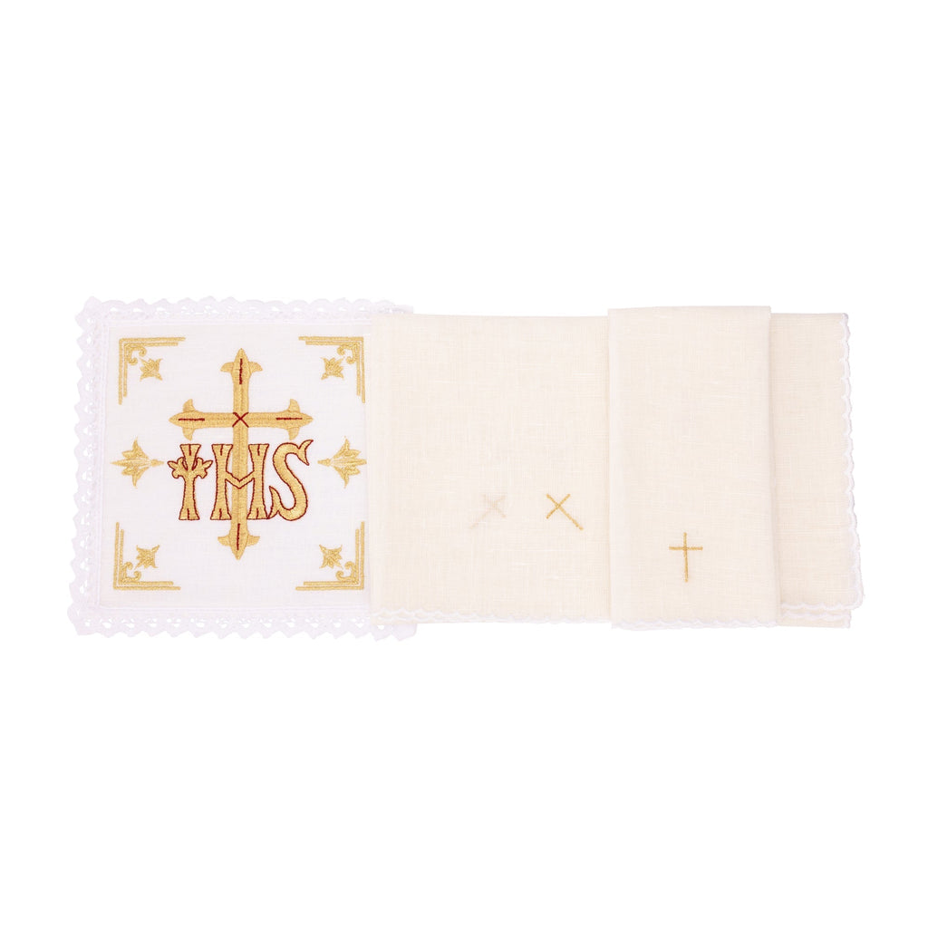 Linge d'autel en lin brodé IHS Croix KKL/153 - CHASUBLES.FR