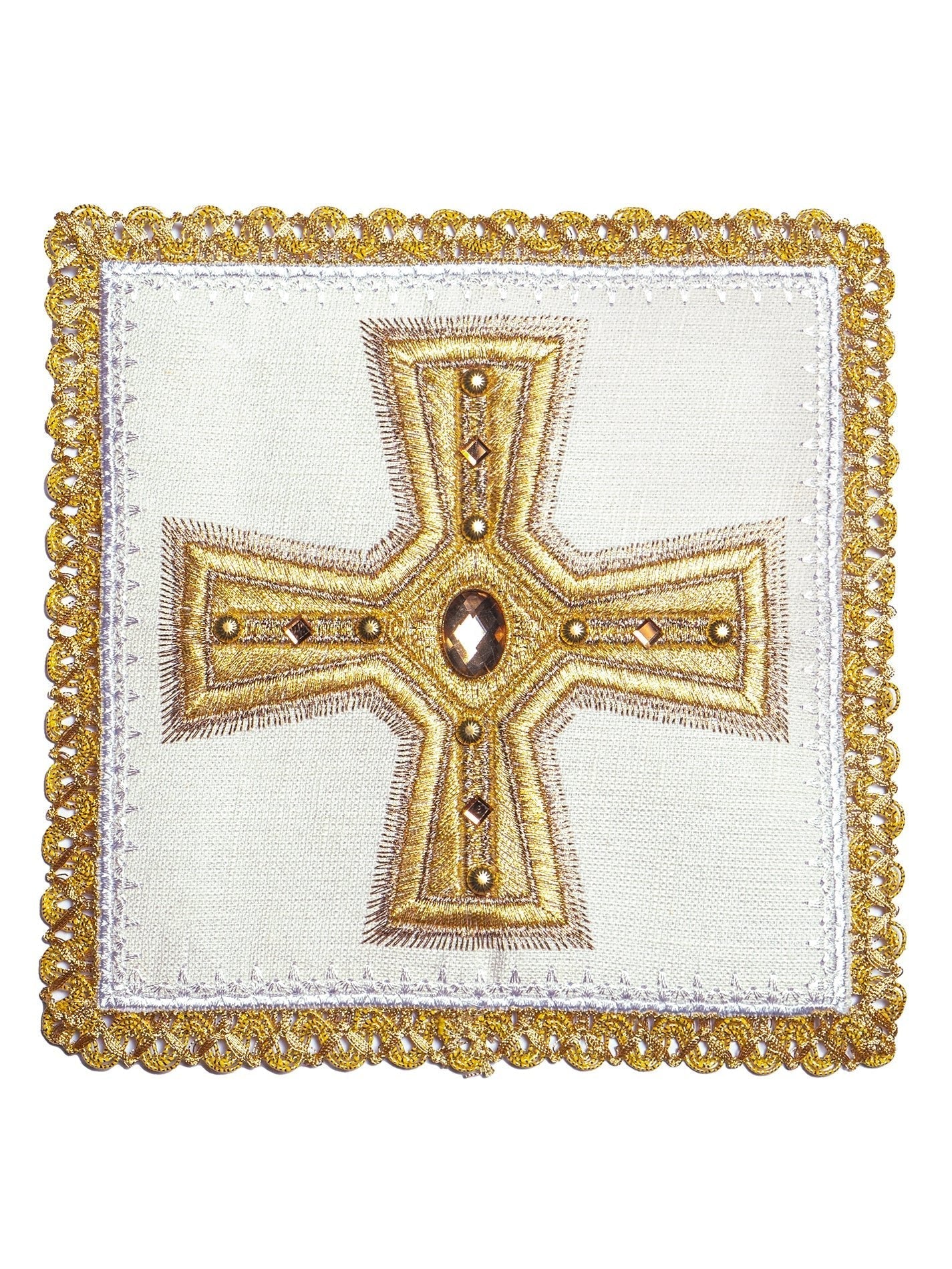 Linge d'autel en lin richement brodé avec des pierres LE/5003 - CHASUBLES.FR