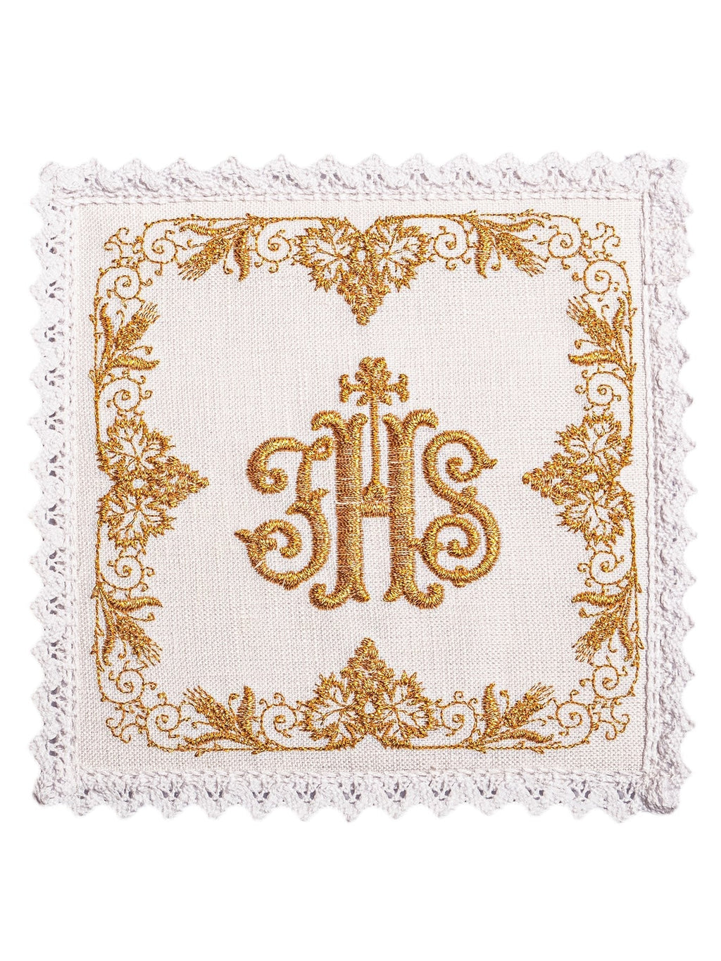 Linge d'autel en lin richement décoré lin IHS KKL/049 - CHASUBLES.FR
