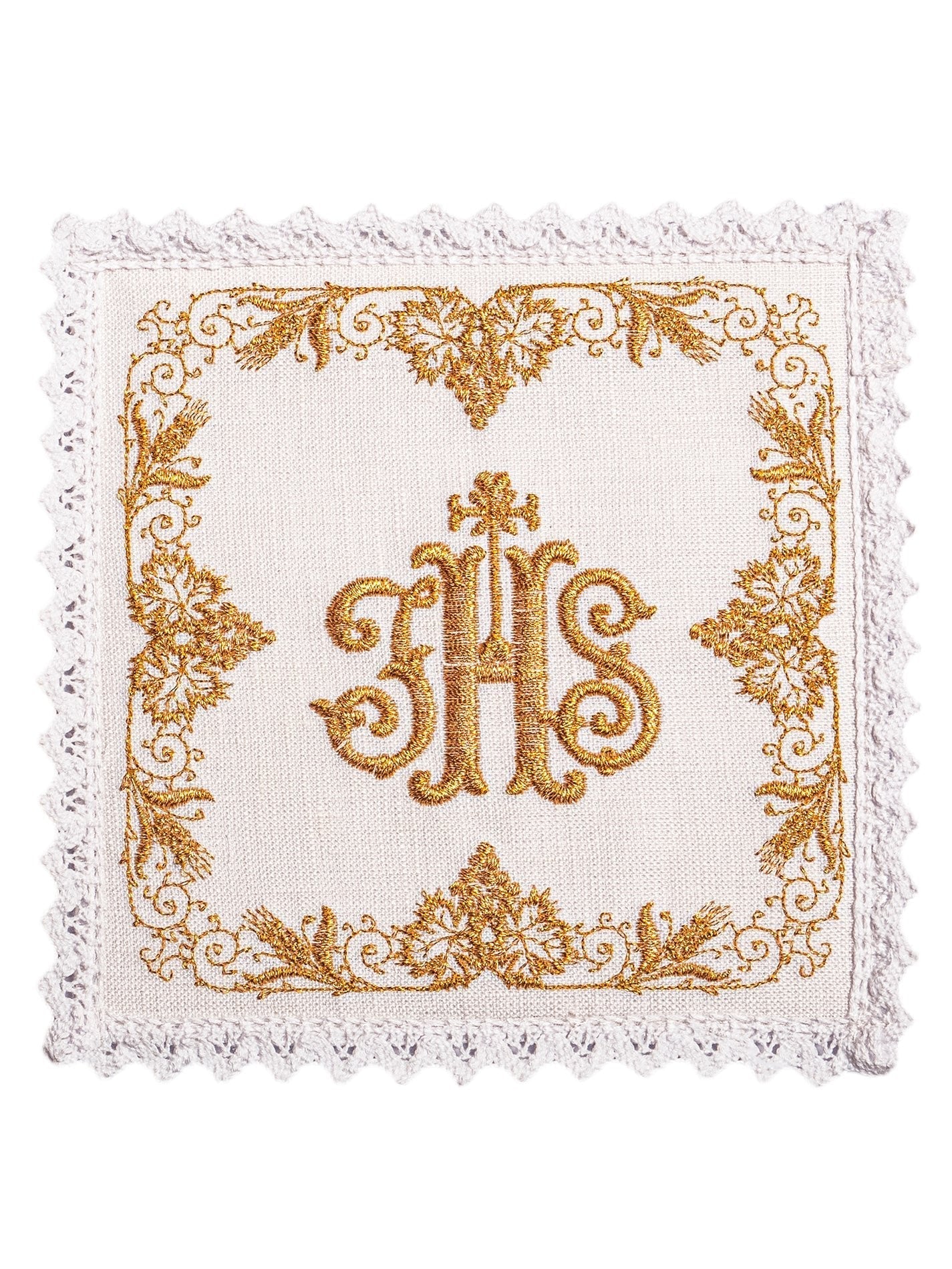 Linge d'autel en lin richement décoré lin IHS KKL/049 - CHASUBLES.FR
