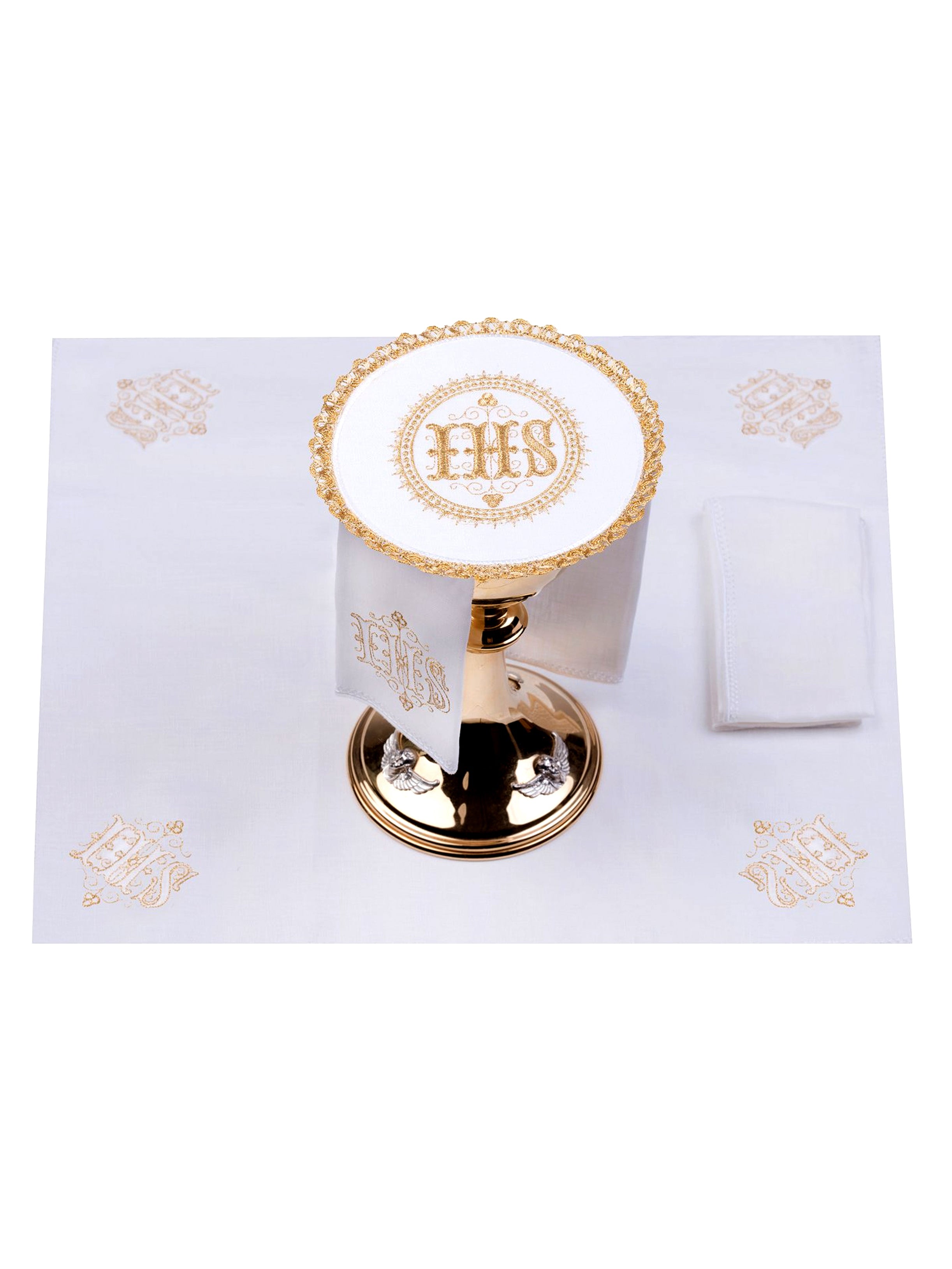 Set de calice en lin avec broderie eucharistique motif de IHS sur pied rond