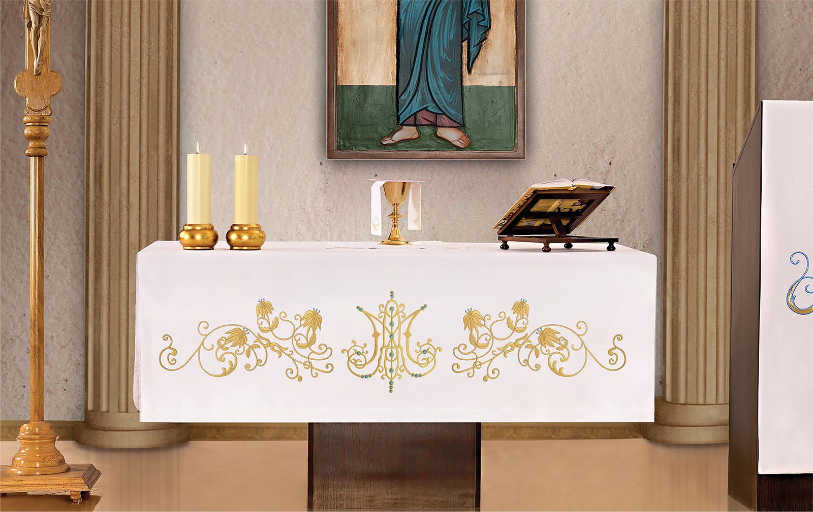 Nappe d'autel avec broderie frontale à motif marial KOH/033 150*300 BIAŁY - CHASUBLES.FR