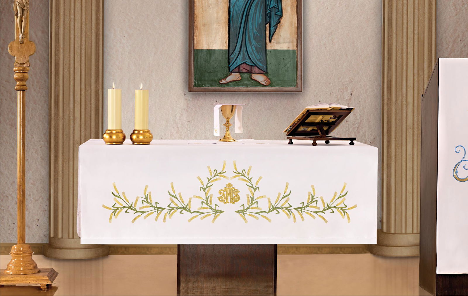 Nappe d'autel avec broderie frontale avec motif d'oreilles KOH/004 150*300 BIAŁY - CHASUBLES.FR