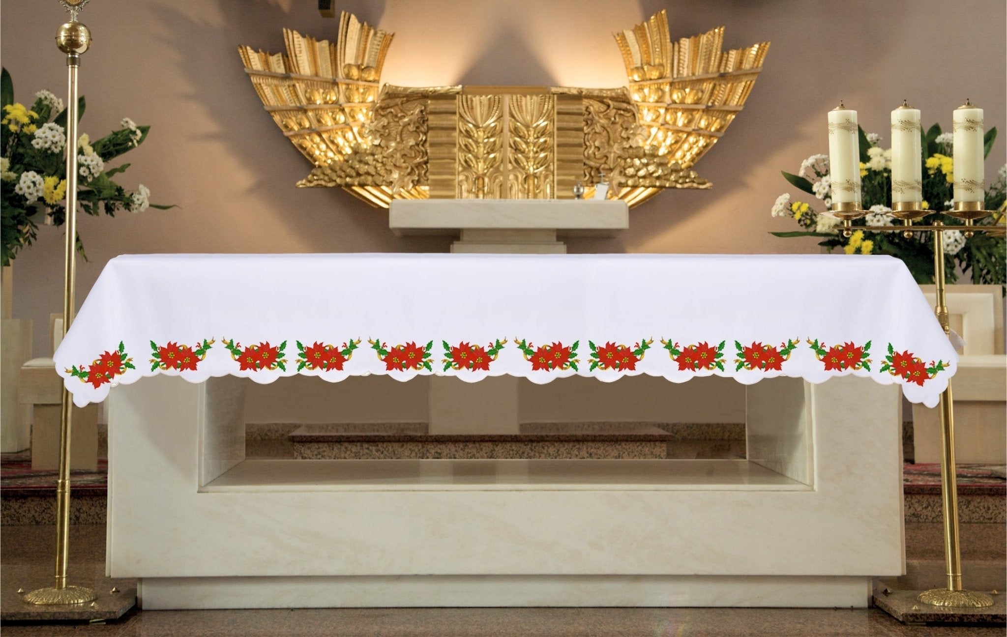 Nappe d'autel avec broderie rouge pour Noël KOO/096 150*300 BIAŁY (obszywany) - CHASUBLES.FR