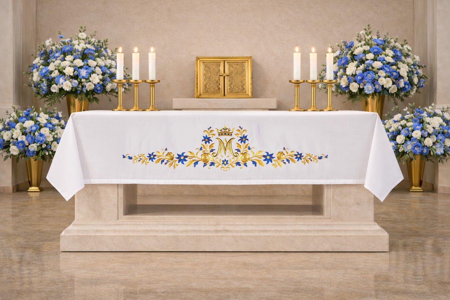 Nappe d’autel avec symbole marial brodé LE/9545/04 150*300 - CHASUBLES.FR