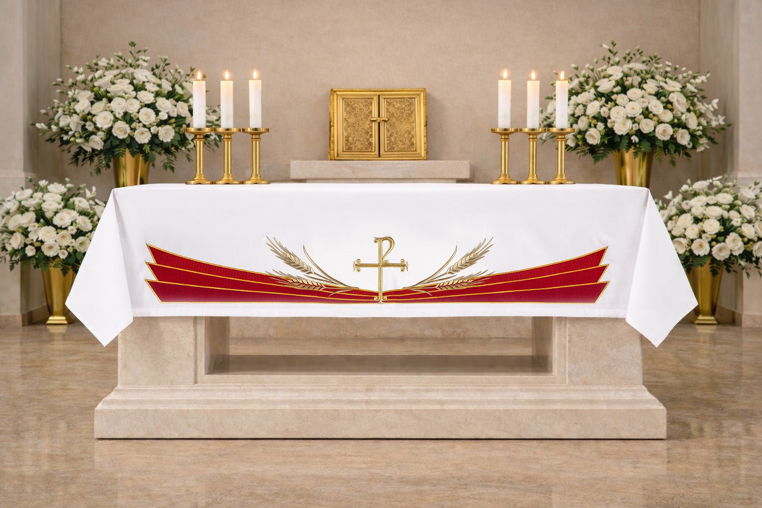 Nappe d’autel avec symbole PAX brodé LE/8850/C2 150*300 - CHASUBLES.FR