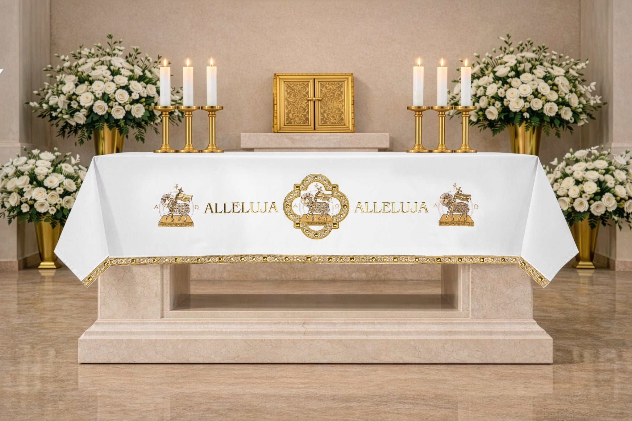 Nappe d’autel pour Pâques avec broderie de l’Agneau S-8872-04 150*300 - CHASUBLES.FR