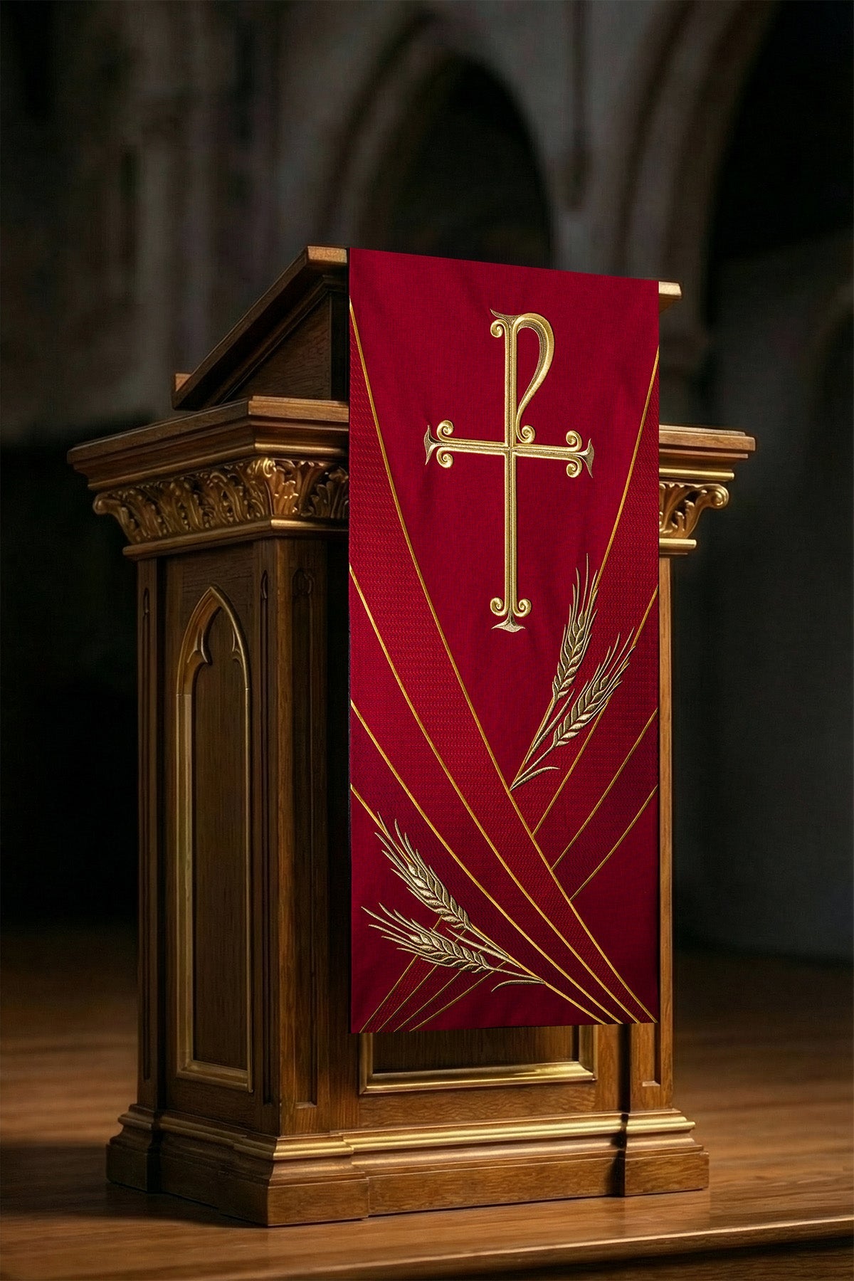 Nappe de lutrin rouge avec broderie PAX LE/8050/02 55*250 - CHASUBLES.FR