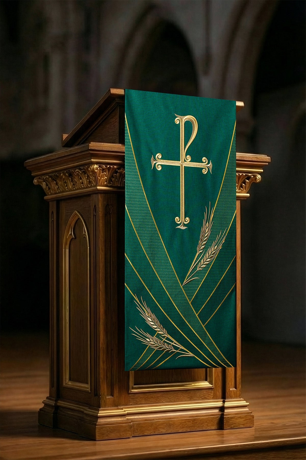 Nappe de lutrin verte avec broderie PAX LE/8050/01 55*250 - CHASUBLES.FR