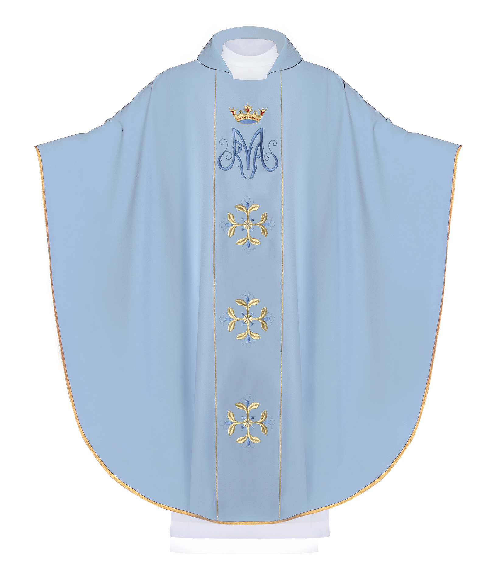 Chasuble liturgique mariale bleue avec large col et ceinture