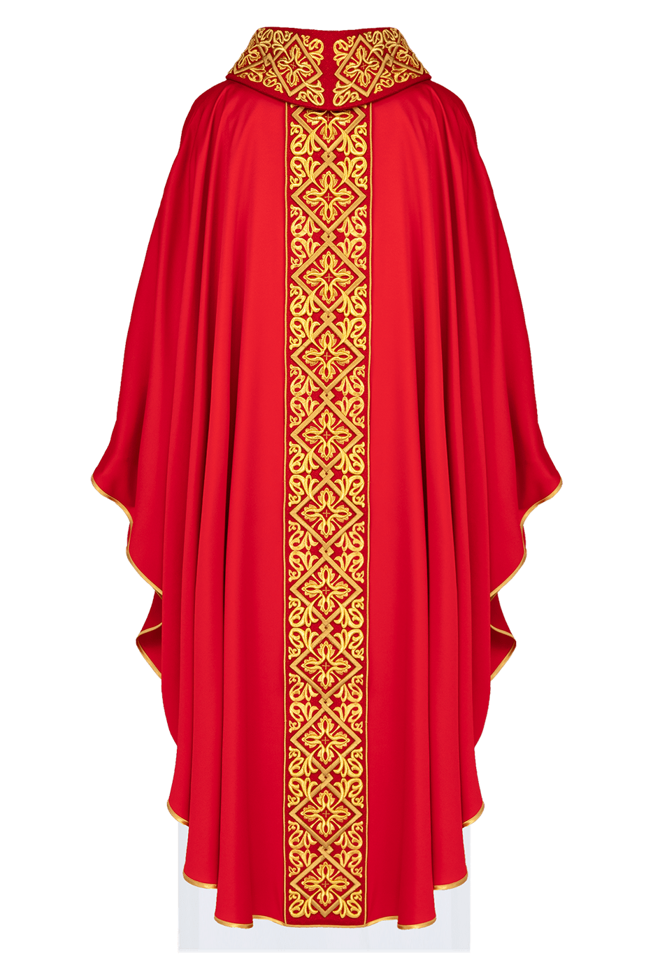 Chasuble richement brodée de motifs floraux et de croix rouges