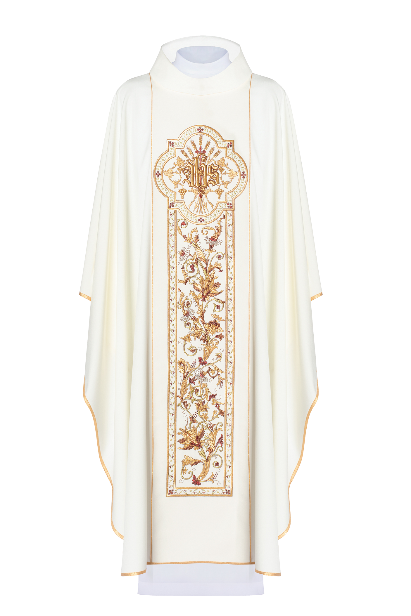 Chasuble richement décorée d'un motif IHS de couleur écrue