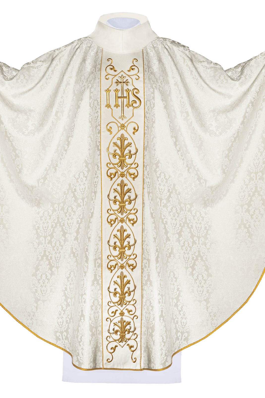 Chasuble écrue brodée sur un tissu décoratif avec le symbole IHS