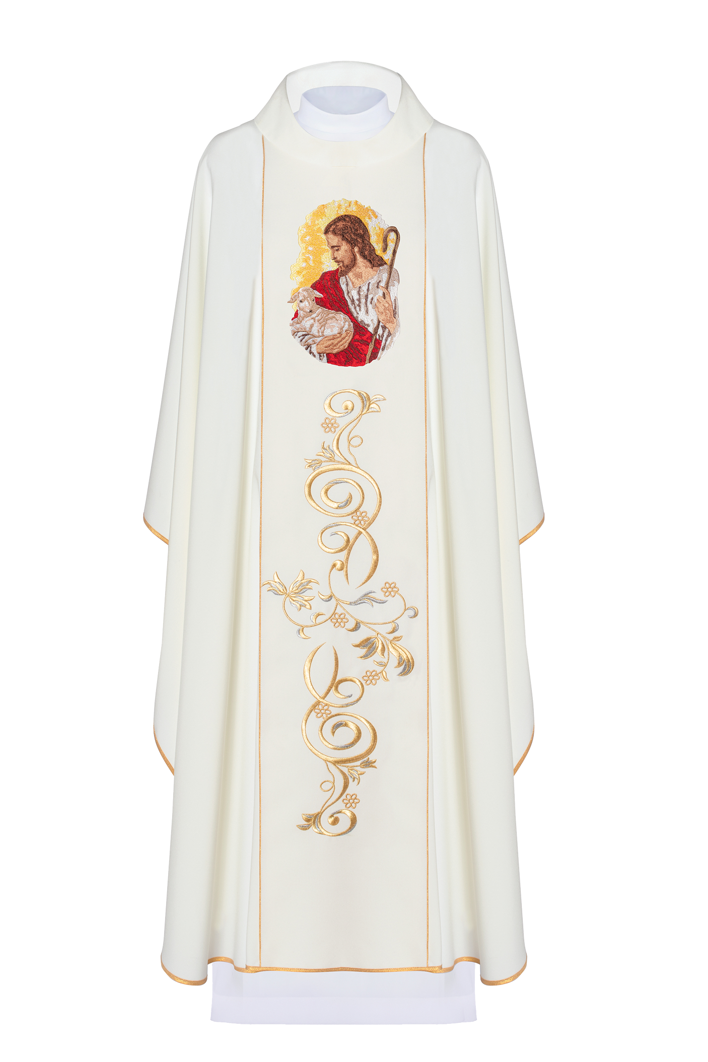 Chasuble élégante en écru avec l'image de Jésus le Bon Pasteur