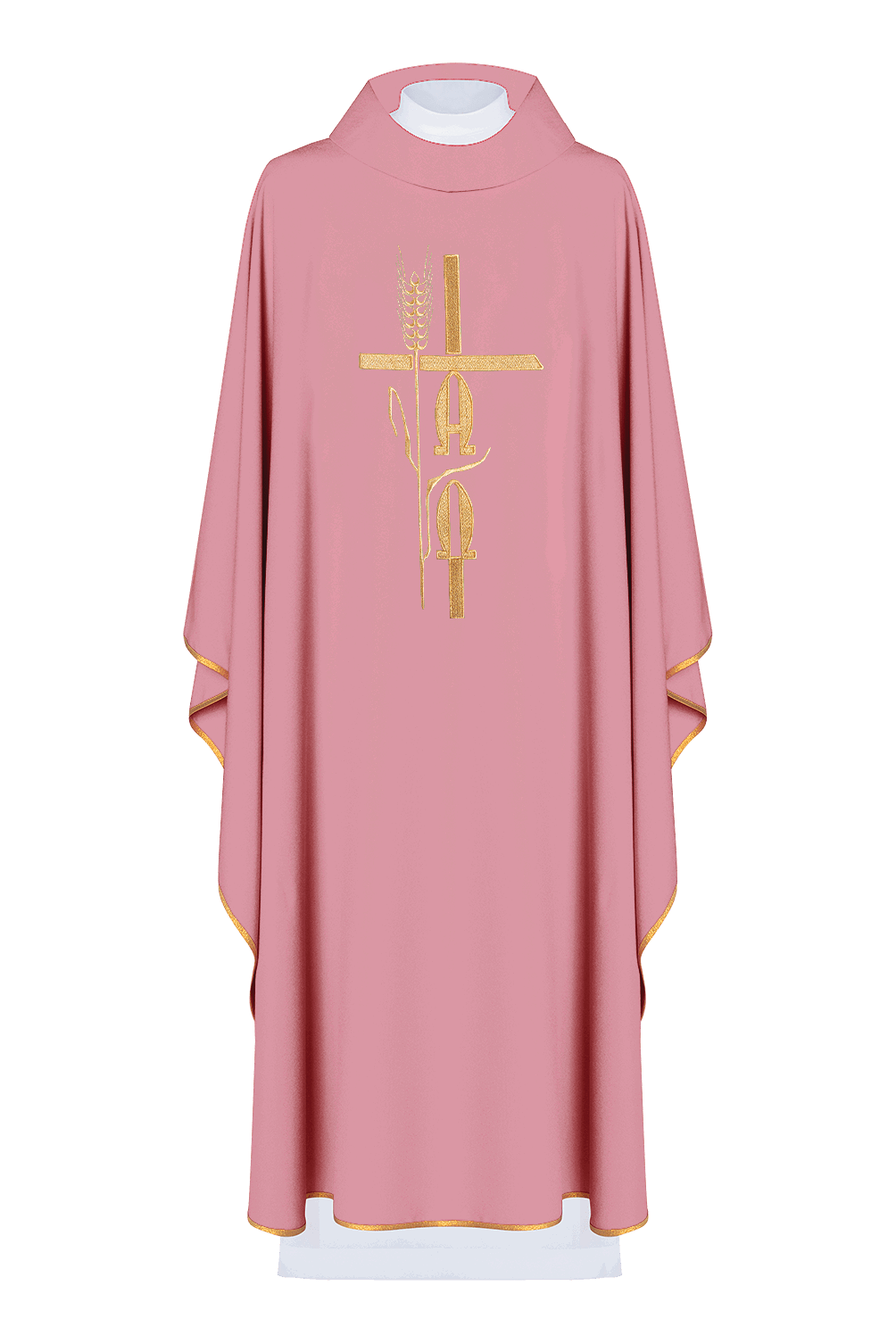 Chasuble rose avec croix de grain alpha et oméga