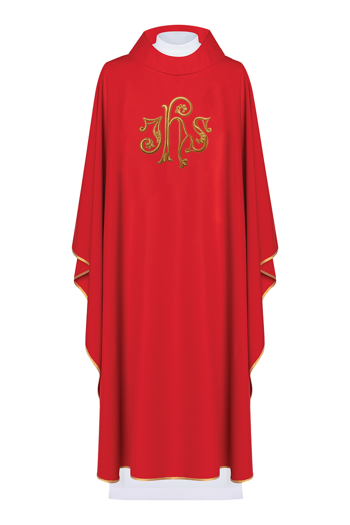 Chasuble rouge brodée du symbole IHS