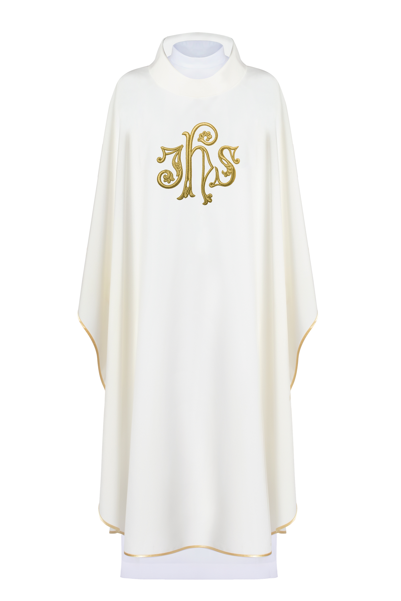 Chasuble brodée avec le symbole IHS écru