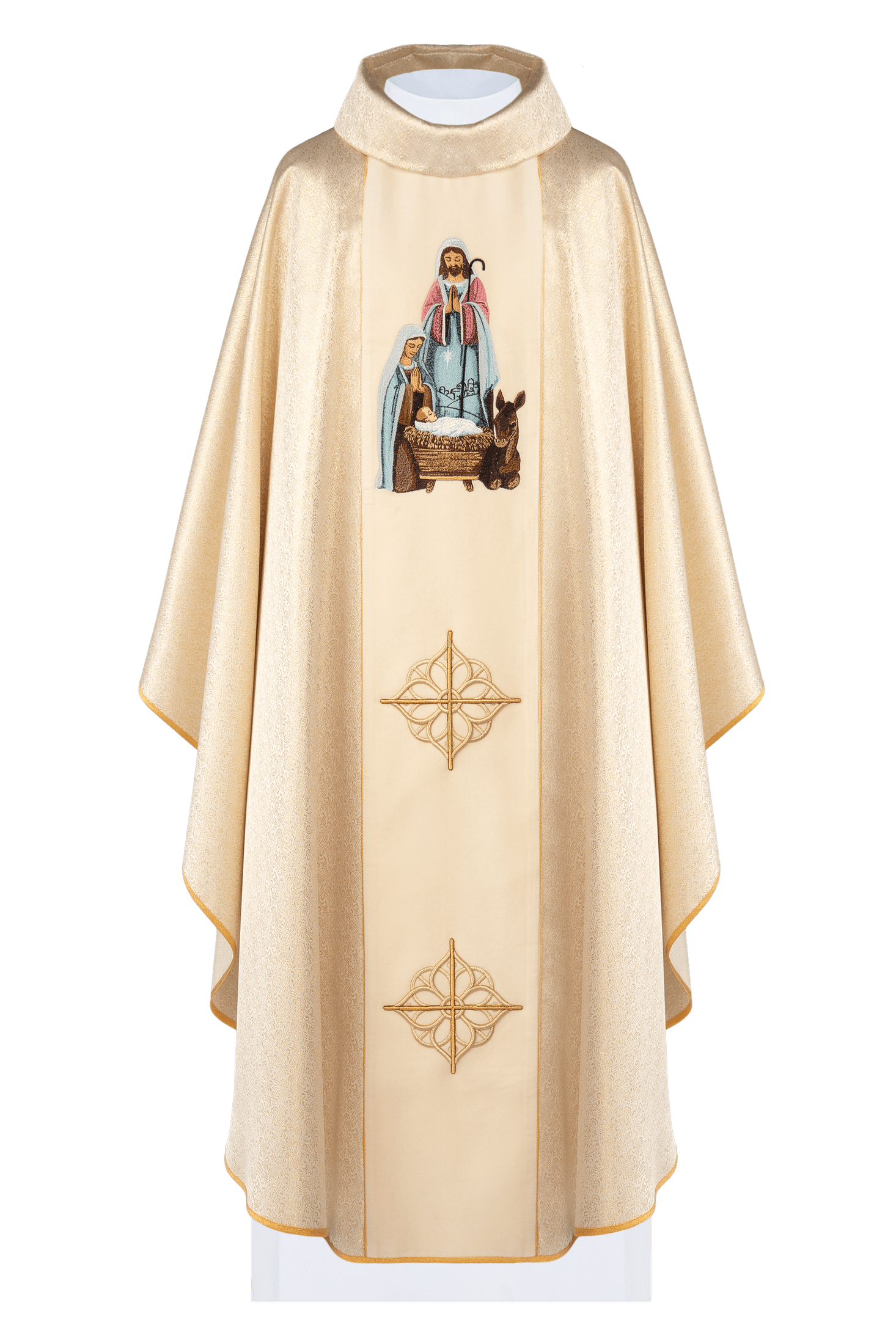 Chasuble brodée avec l'image de la Sainte Famille sur tissu doré